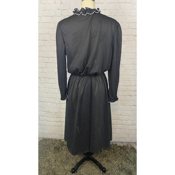 Vintage Black Ruffled Polkadot Long Sleeve Polyester Dress Medium Large - Picture 3 of 3